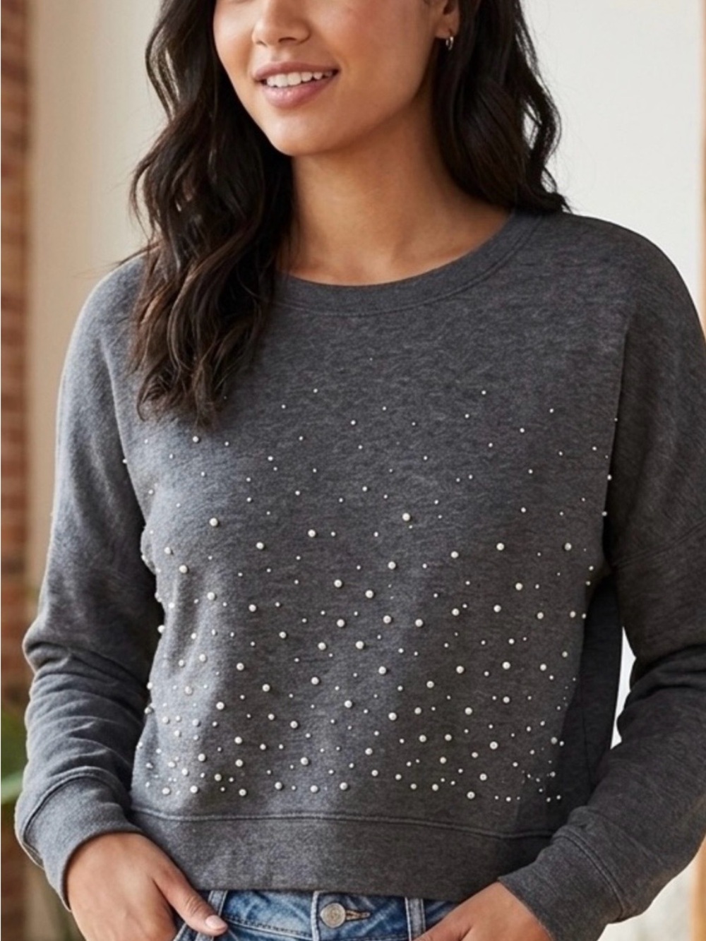 GRAY SWEATSHIRT with PEARL Accents